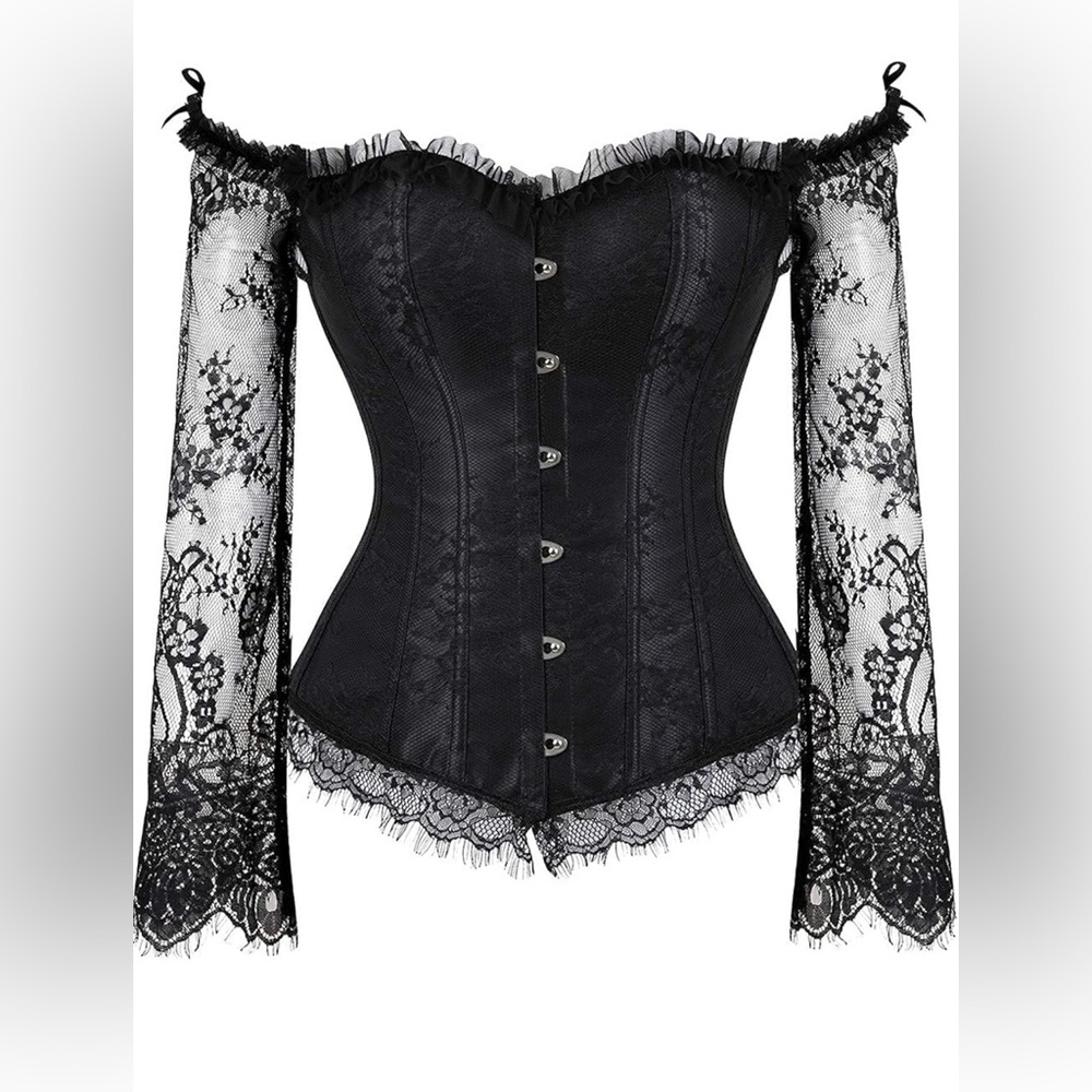 Black Corset Top with Sleeves - Bustier Overbust Lace Up Bodice Lingerie